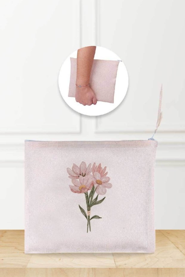 Pink Flower Patterned Linen Makeup Bag