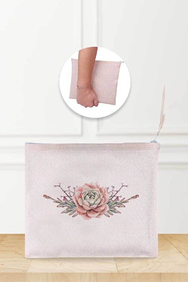 Succulent Patterned Linen Makeup Bag - 1