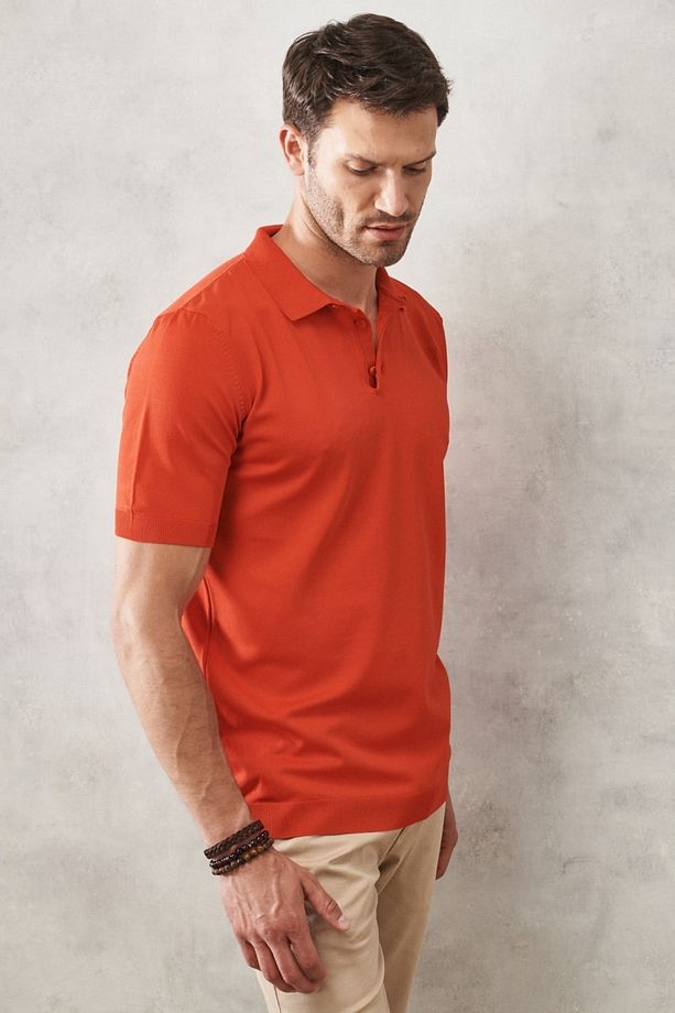 Erkek Kırmızı Standart Fit Düz Polo Yaka Kısa Kollu Triko Tişört - 3