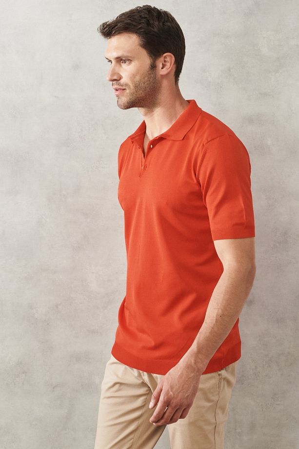 Erkek Kırmızı Standart Fit Düz Polo Yaka Kısa Kollu Triko Tişört - 4