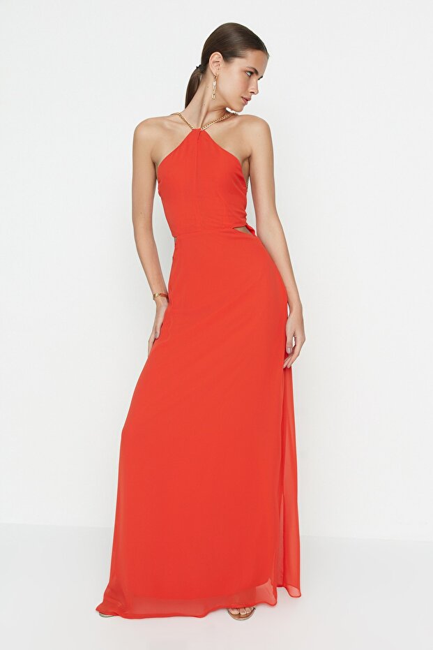 Dlouhé večerní šaty s květinovým vzorem z granátového jablka ve střihu do A - TPRSS22AE0151 - 1