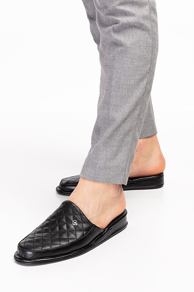 Men's Black Genuine Leather Quilted House Slippers