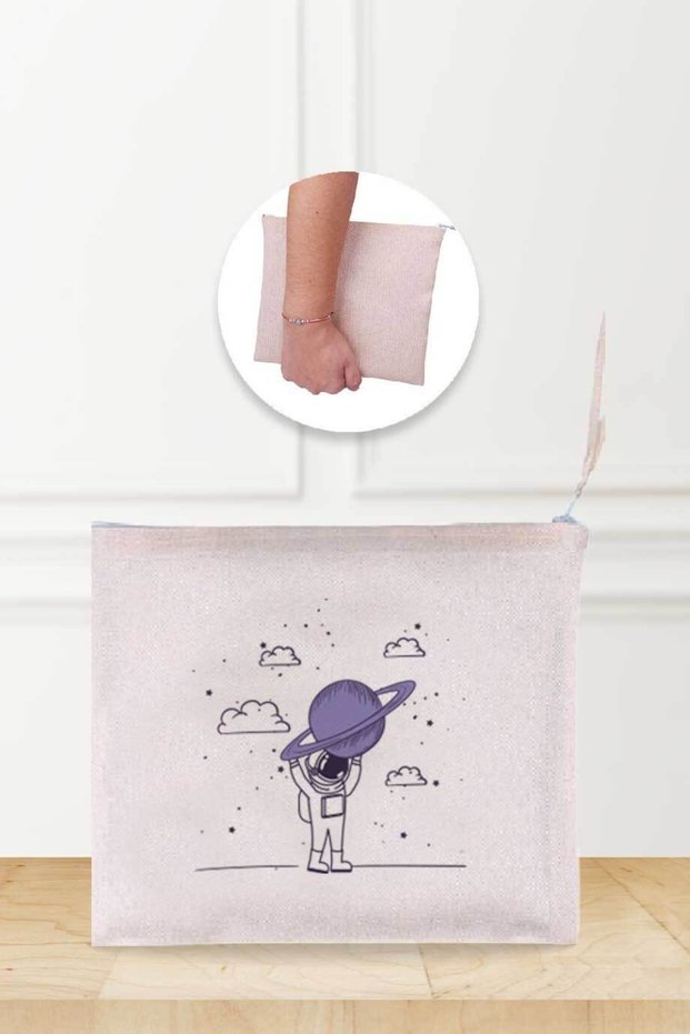 Astronaut in Space Patterned Linen Makeup Bag