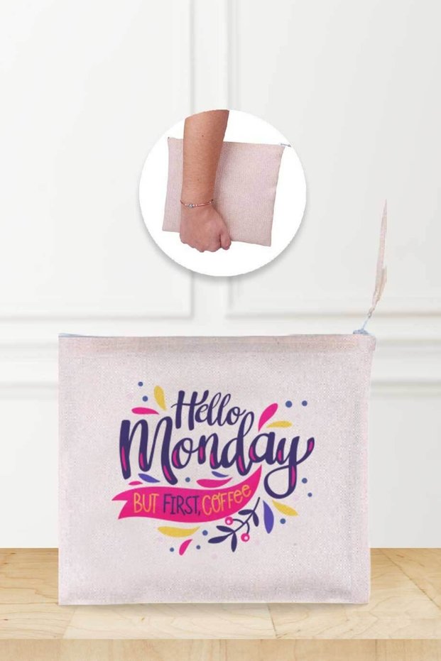 Hello Monday But First Coffee Patterned Linen Makeup Bag