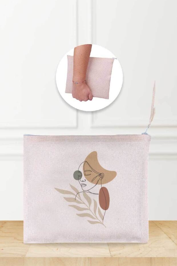 Abstract Face Patterned Linen Makeup Bag - 1