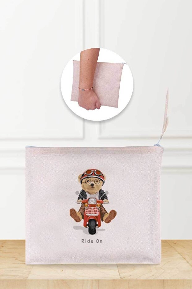 Biker Teddy Patterned Linen Makeup Bag - 1