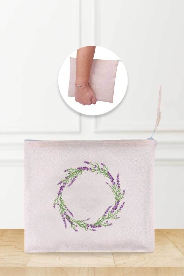 Round Lavender Patterned Linen Makeup Bag