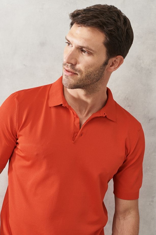Erkek Kırmızı Standart Fit Düz Polo Yaka Kısa Kollu Triko Tişört - 1