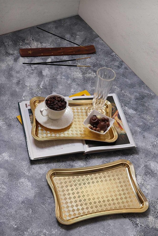 Arow 6-Piece Square Patterned Coffee Serving Tray - Groom Promise Tray -Karamaz Gold Tray