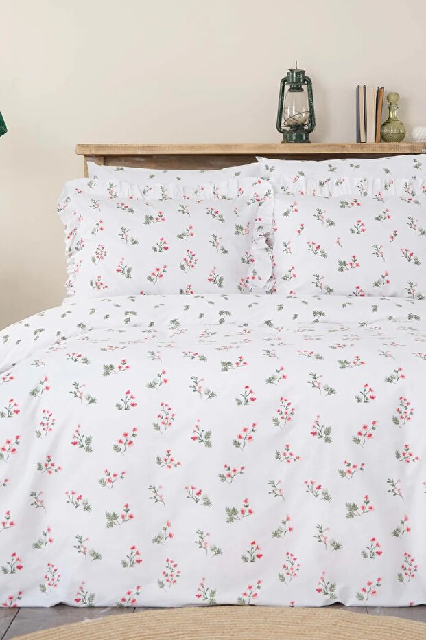 Silvie Red 100% Cotton Ruffled Double Duvet Cover Set