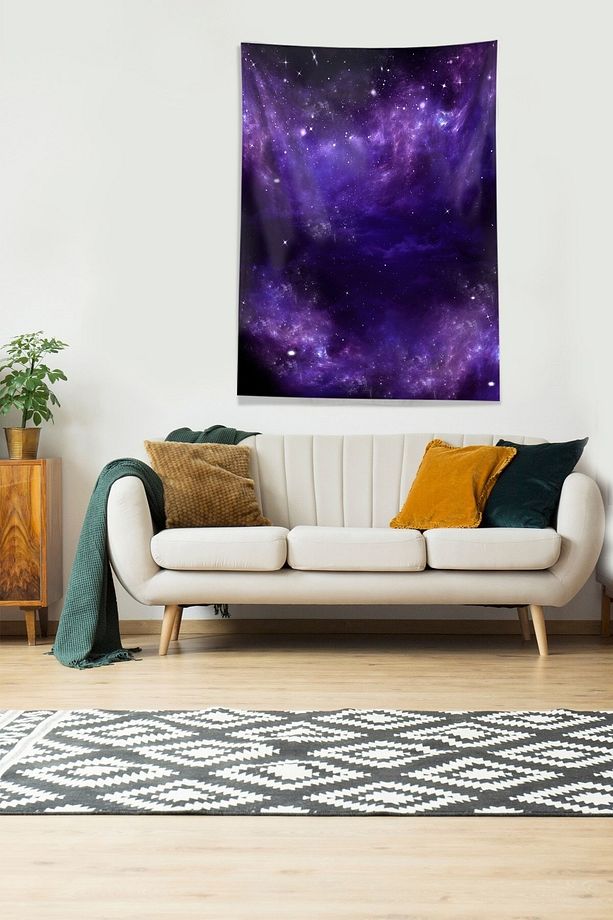 Mor Galaksi Desenli Leke Tutmaz Kadife Kumaş Duvar Örtüsü Duvar Halısı Tapestry - 1