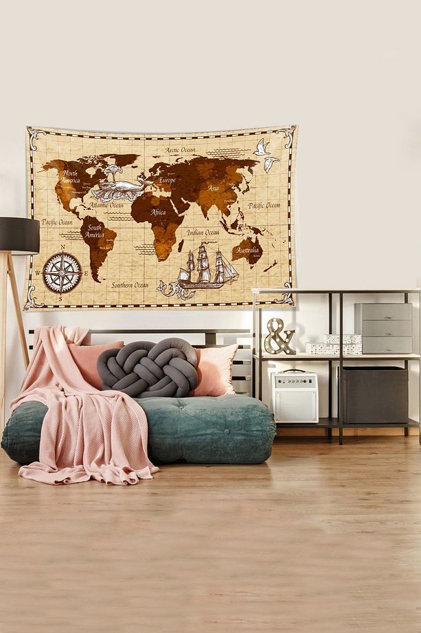 Bej-kahve Dünya Haritası Desenli Leke Tutmaz Kadife Kumaş Duvar Örtüsü Duvar Halısı Tapestry - 3