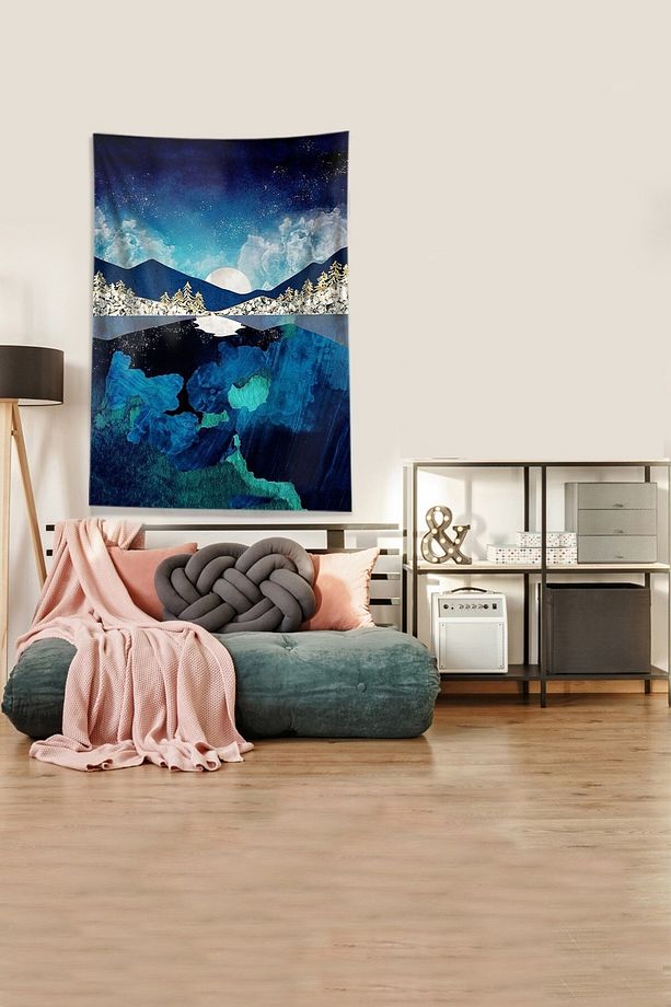Lacivert Ayın Serüveni Leke Tutmaz Kadife Kumaş Duvar Örtüsü Duvar Halısı Tapestry - 2