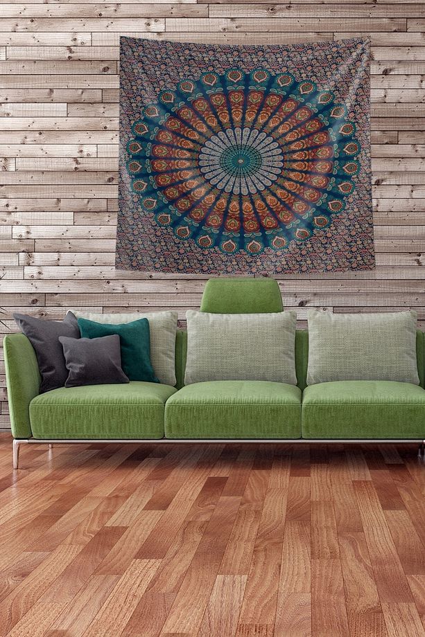 Multirenk Mandala Desenli Leke Tutmaz Kadife Kumaş Duvar Örtüsü Duvar Halısı Tapestry - 1