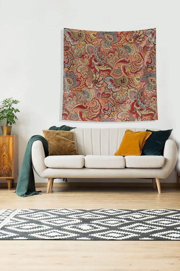 Multirenk Terme Ve Şal Desen Leke Tutmaz Kadife Kumaş Duvar Örtüsü Duvar Halısı Tapestry - 1