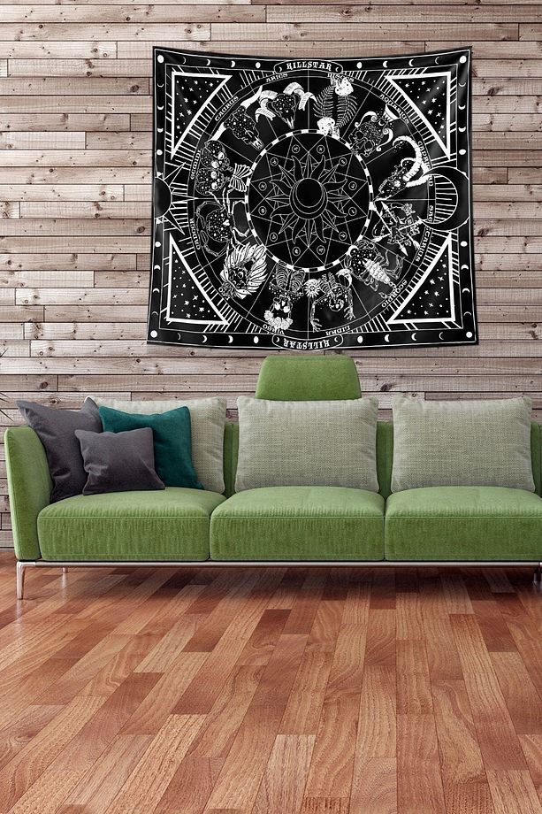 Siyah Burç Desenli Leke Tutmaz Kadife Kumaş Duvar Örtüsü Duvar Halısı Tapestry - 1