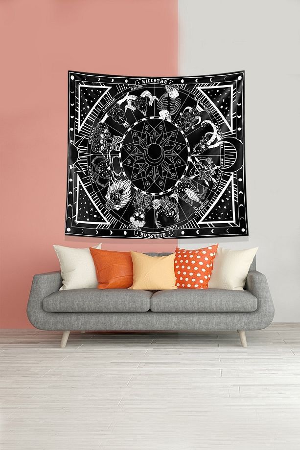 Siyah Burç Desenli Leke Tutmaz Kadife Kumaş Duvar Örtüsü Duvar Halısı Tapestry - 3