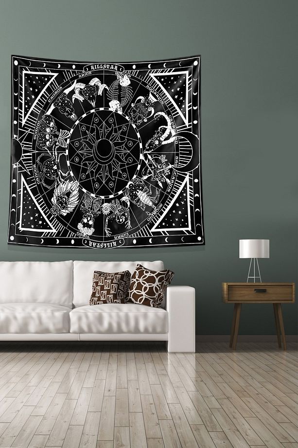 Siyah Burç Desenli Leke Tutmaz Kadife Kumaş Duvar Örtüsü Duvar Halısı Tapestry - 5