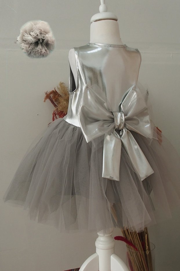 Girl's Gray Tutu Dress with Bow on the Back Bandana Set Birthday Dress