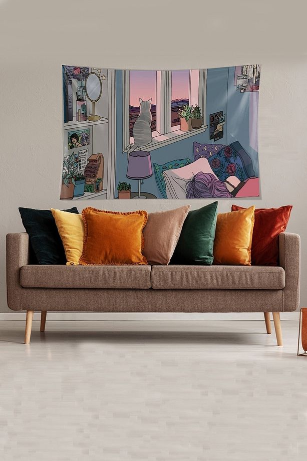 Multirenk Kedi Ve Uyuyan Sahibesi Leke Tutmaz Kadife Kumaş Duvar Örtüsü Duvar Halısı Tapestry - 1