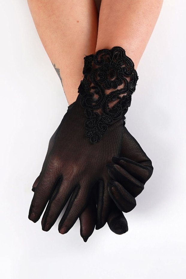 Black Lace Motif Bridal Gloves – Special Design, Accessory, Quality Production, Eye-Catching Style – Mag