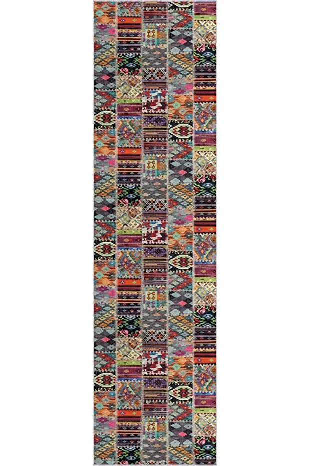 Makinede Yıkanabilir Kaymaz Tabanlı Patchwork Rulo Yolluk Halı Ar980 - 3