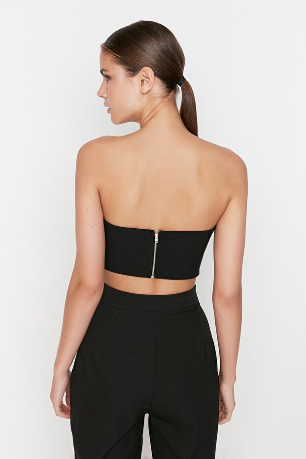 Siyah Crop Astarlı Dokuma Büstiyer TPRSS22BS0065 - 6