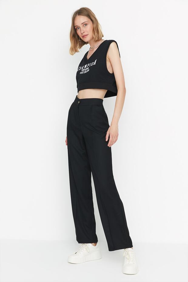 Siyah Straight/Düz Kesim Dokuma Kumaş Pantolon TWOAW22PL0321 - 6