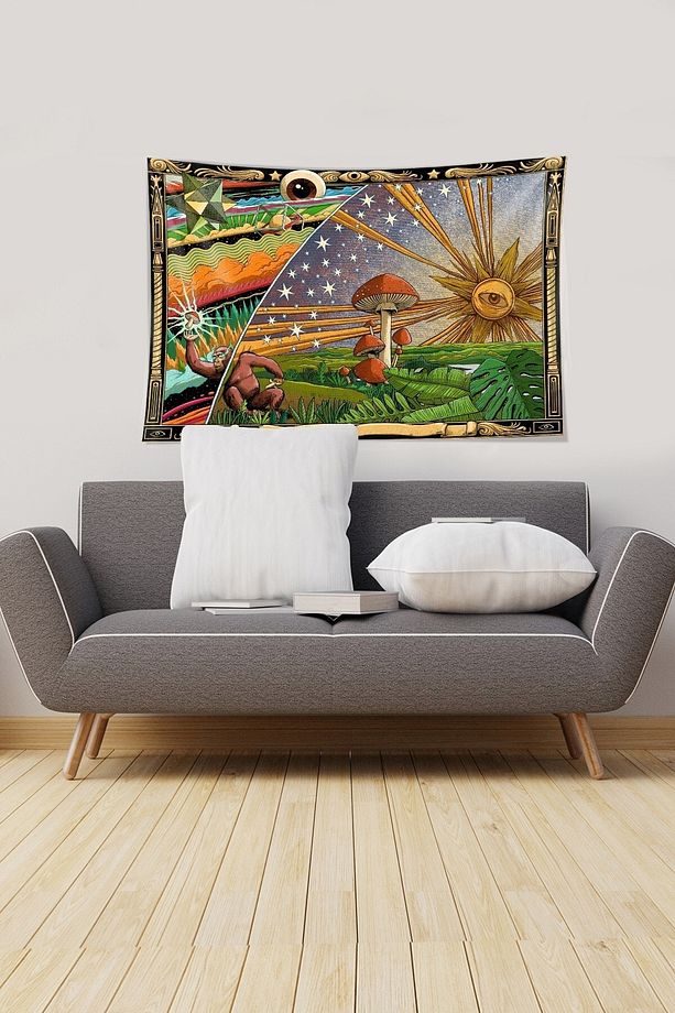 Sarı-yeşil Mushroom Mantar Desenli Leke Tutmaz Kadife Kumaş Duvar Örtüsü Duvar Halısı Tapestry - 2