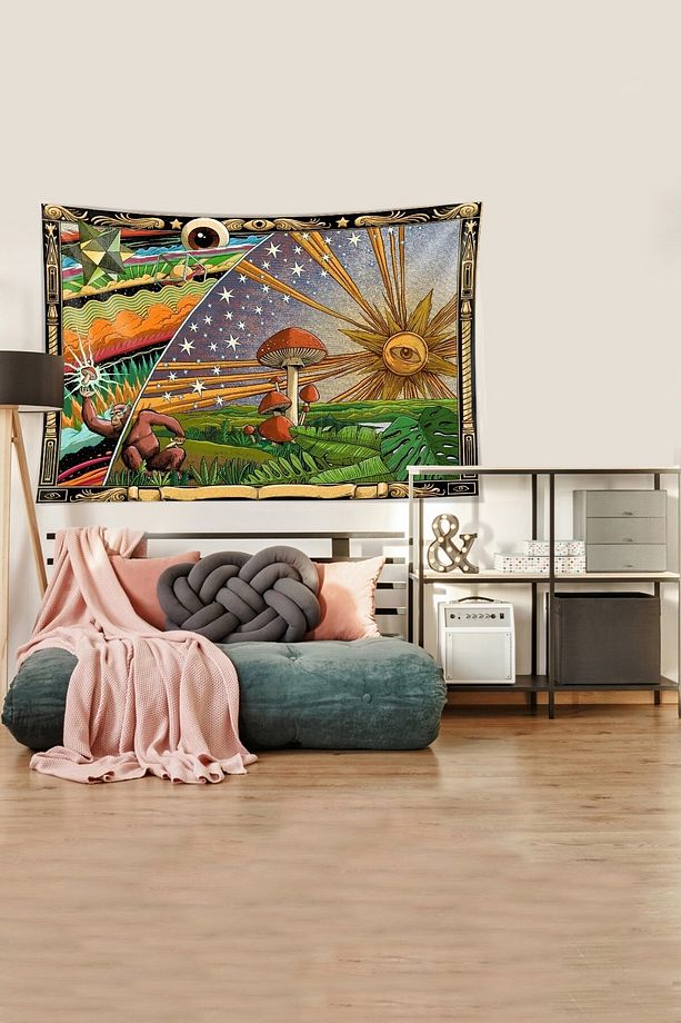 Sarı-yeşil Mushroom Mantar Desenli Leke Tutmaz Kadife Kumaş Duvar Örtüsü Duvar Halısı Tapestry - 3
