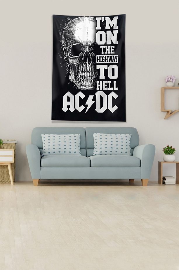 Siyah Ac Dc Highway To Hell Leke Tutmaz Kadife Kumaş Duvar Örtüsü Duvar Halısı Tapestry - 2