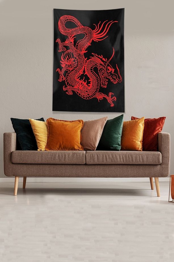 Siyah Kırmızı Ejderha Leke Tutmaz Kadife Kumaş Duvar Örtüsü Duvar Halısı Tapestry - 3