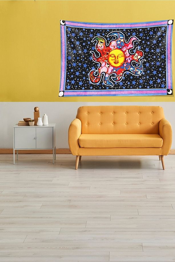 Mor Güneşve Yıldız Leke Tutmaz Kadife Kumaş Duvar Örtüsü Duvar Halısı Tapestry - 1