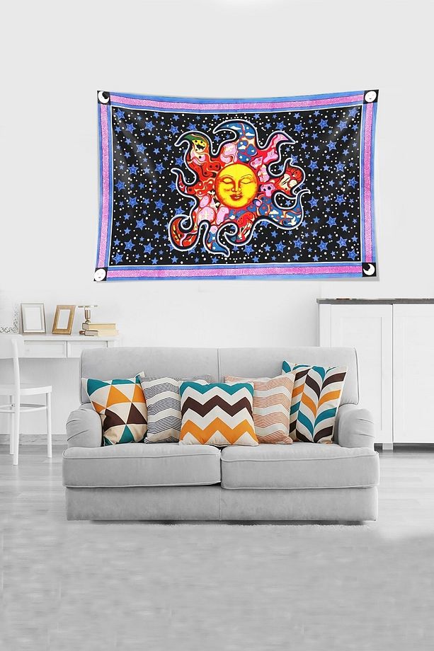 Mor Güneşve Yıldız Leke Tutmaz Kadife Kumaş Duvar Örtüsü Duvar Halısı Tapestry - 3