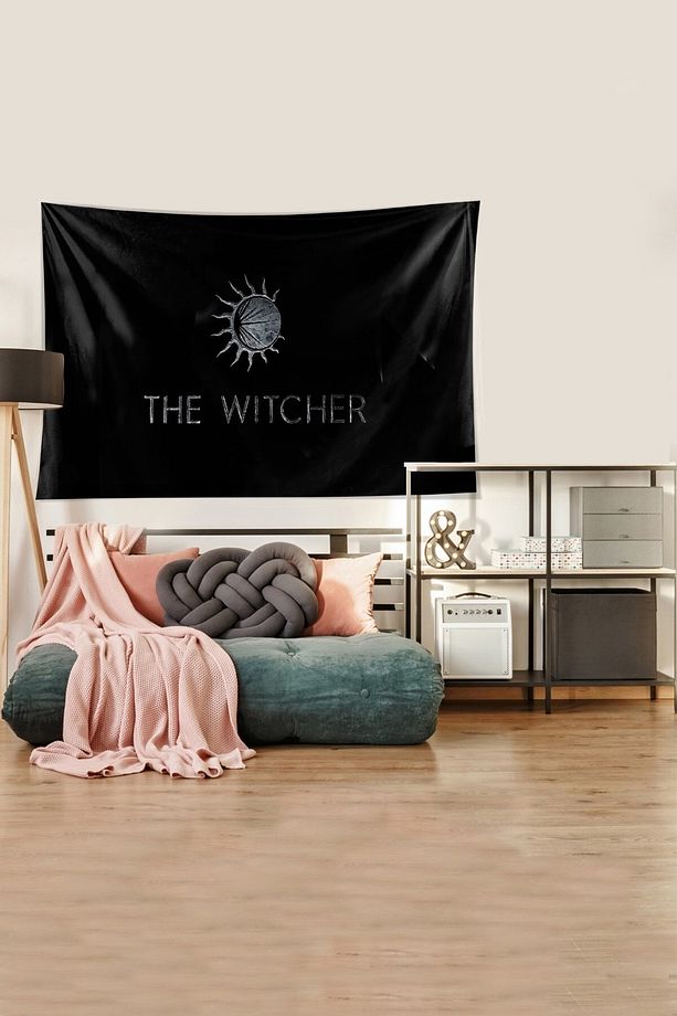 Siyah The Witcher Yazılı Leke Tutmaz Kadife Kumaş Duvar Örtüsü Duvar Halısı Tapestry - 3