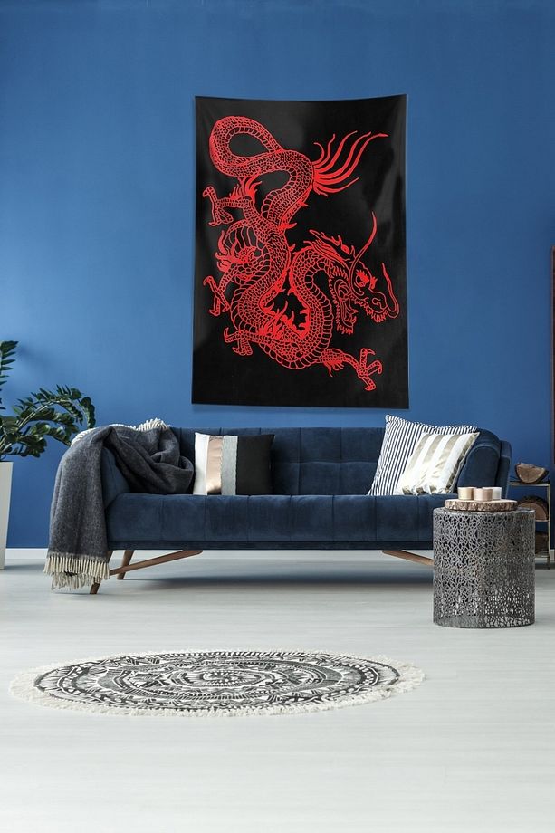 Siyah Kırmızı Ejderha Leke Tutmaz Kadife Kumaş Duvar Örtüsü Duvar Halısı Tapestry - 3