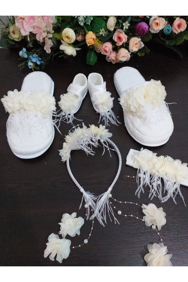 Ecru Pearl Stoned Floral Maternity Crown, Slippers, Bandana, Baby Booties Set