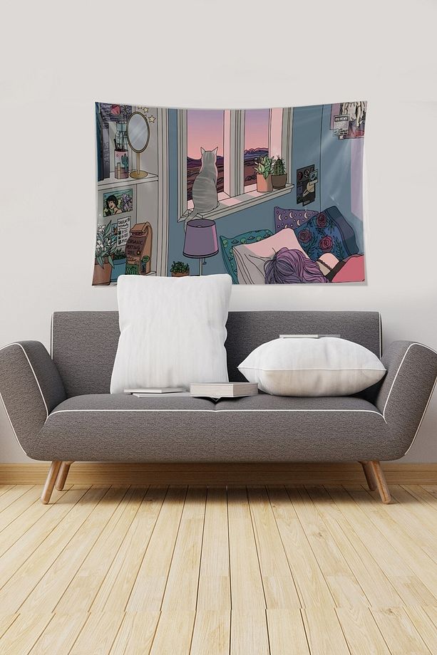 Multirenk Kedi Ve Uyuyan Sahibesi Leke Tutmaz Kadife Kumaş Duvar Örtüsü Duvar Halısı Tapestry - 2