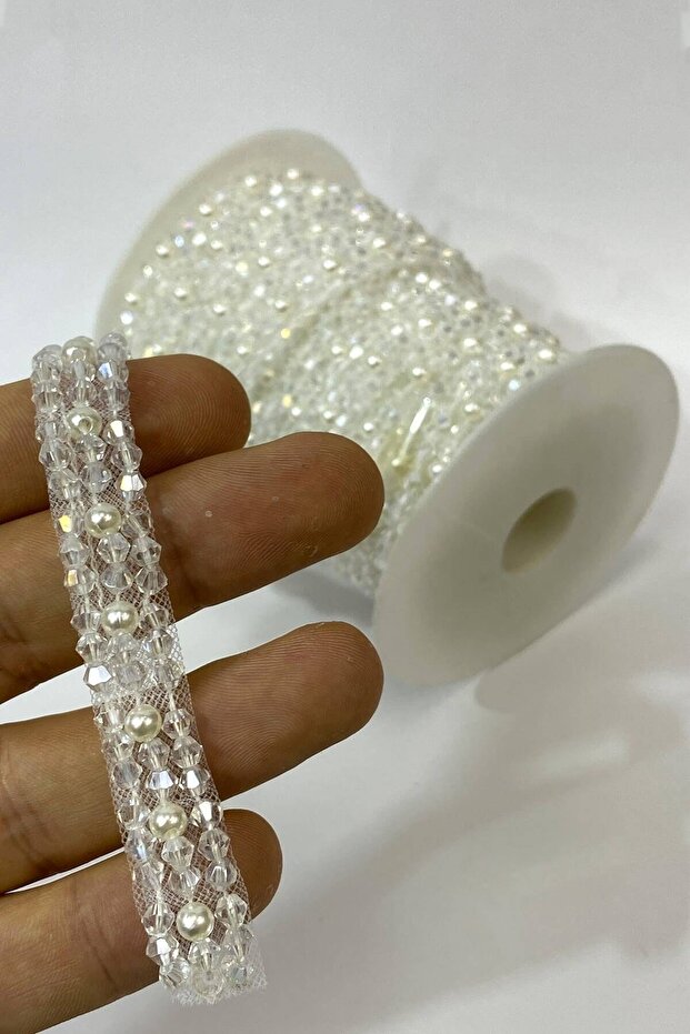 Decorative Ribbon Pyramid Crystal Beads and Pearl Embroidered Ribbon 1 Mt – Decorative Ribbon, Stylish Design – D