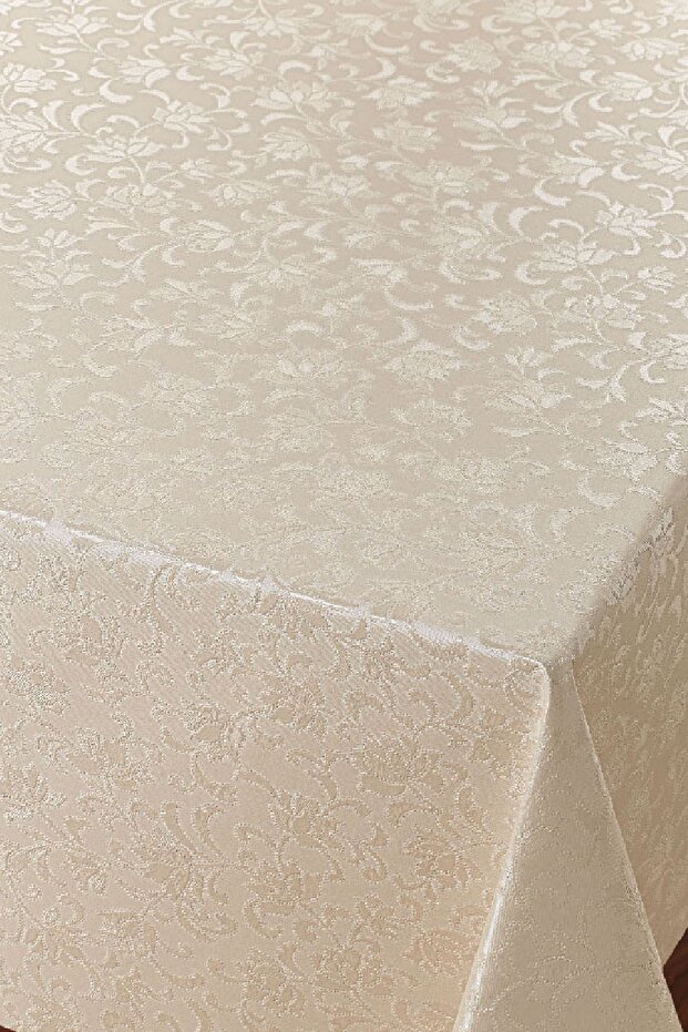 Fiber Lined PVC Tablecloth 140x140cm Absorbable Liquid Proof Stain Resistant Flower Patterned Beige