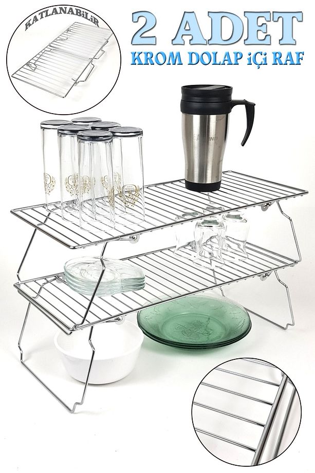2 Adet Dolap Içi Düzenleyici Raf Katlanır Krom Üst Üste Konulabilir 47x20cm Rd026-1 - 1