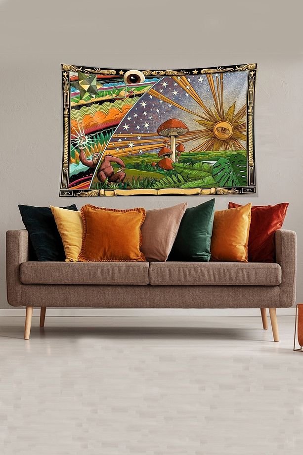 Sarı-yeşil Mushroom Mantar Desenli Leke Tutmaz Kadife Kumaş Duvar Örtüsü Duvar Halısı Tapestry - 1