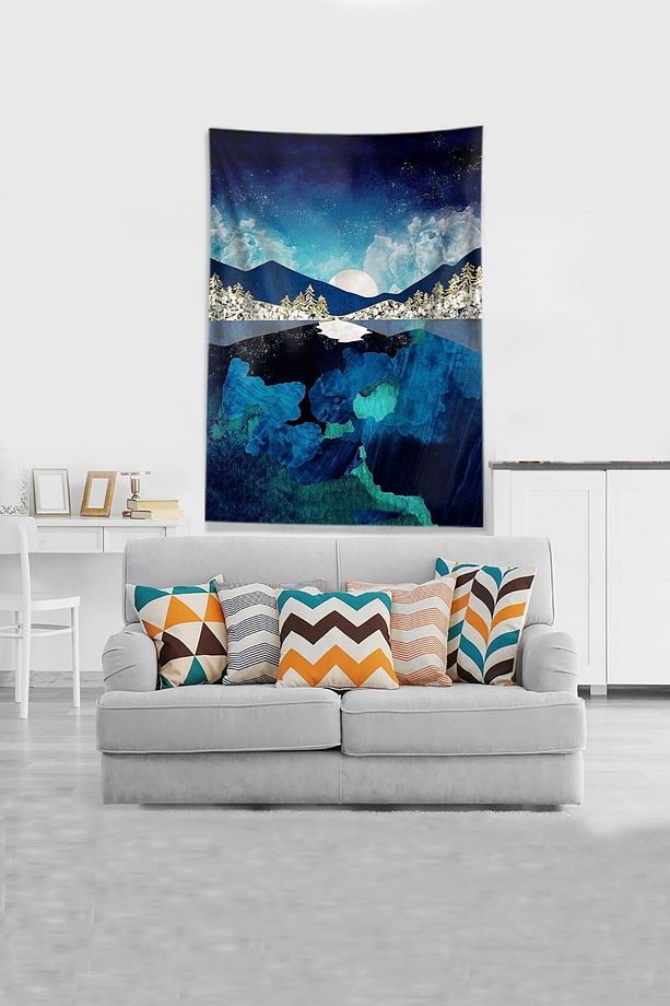 Lacivert Ayın Serüveni Leke Tutmaz Kadife Kumaş Duvar Örtüsü Duvar Halısı Tapestry - 1