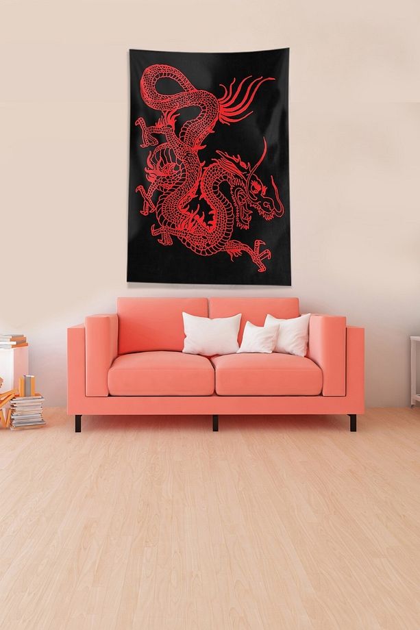 Siyah Kırmızı Ejderha Leke Tutmaz Kadife Kumaş Duvar Örtüsü Duvar Halısı Tapestry - 1