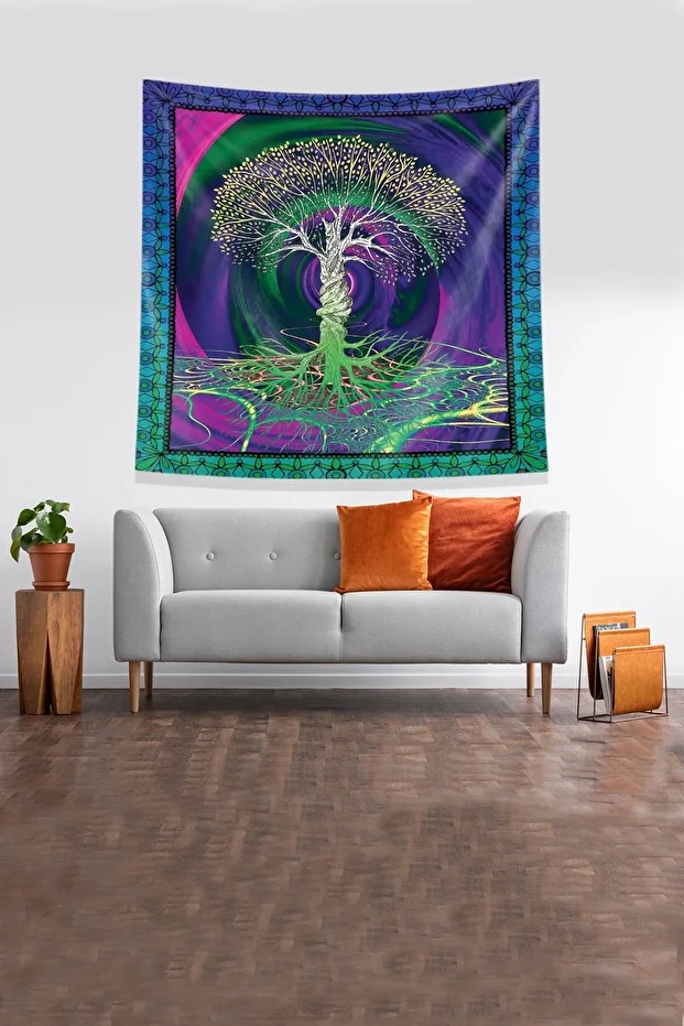 Multirenk Hayat Ağacı Leke Tutmaz Kadife Kumaş Duvar Örtüsü Duvar Halısı Tapestry - 4