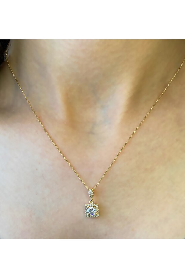 Zirkon Taşlı 14k Altın Kaplama Zarif Baget Tek Taş Luxury Kolye - 1