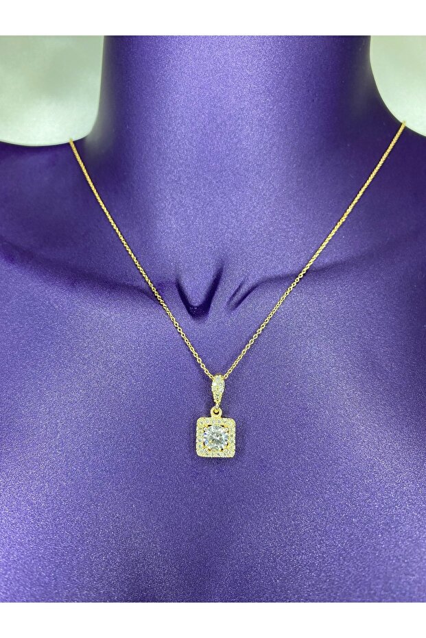 Zirkon Taşlı 14k Altın Kaplama Zarif Baget Tek Taş Luxury Kolye - 2