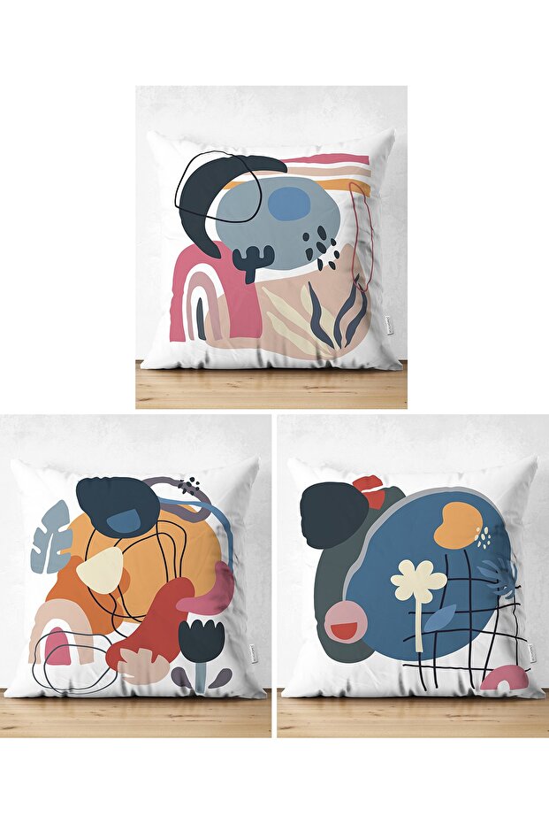 3-Piece Double Sided Modern Suede Pillow Throw Pillow Cover Set with Colorful Onedraw Drawing on White Background