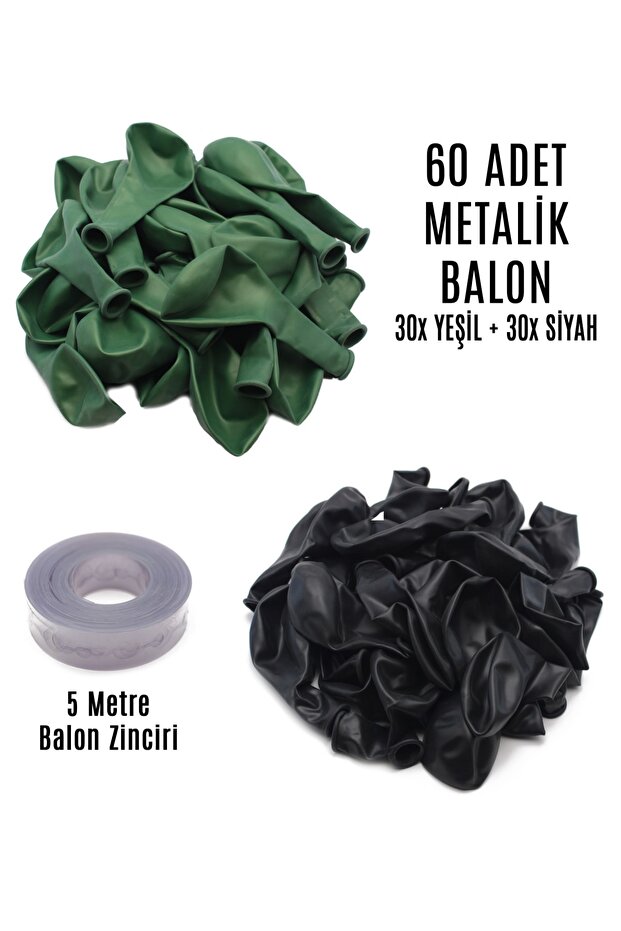 60 Green And Black Mixed Metallic Balloons + 5 Meters Balloon Chain