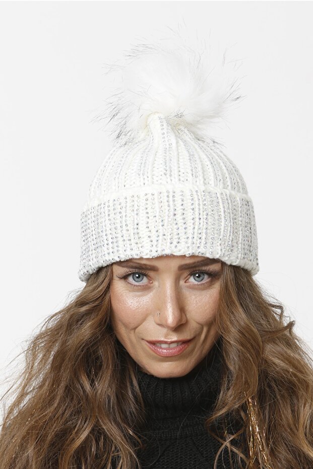 75 Jewelled Folded Pompom Knitted Beanie - Bone